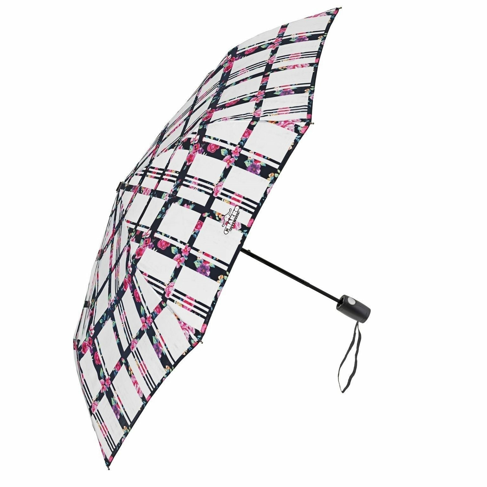 Ladies Compact Umbrella White Floral Checked Automatic Folding Brolly - Soake