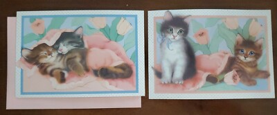 Vintage Olympia blank notecard and post card, Kittens with flowers