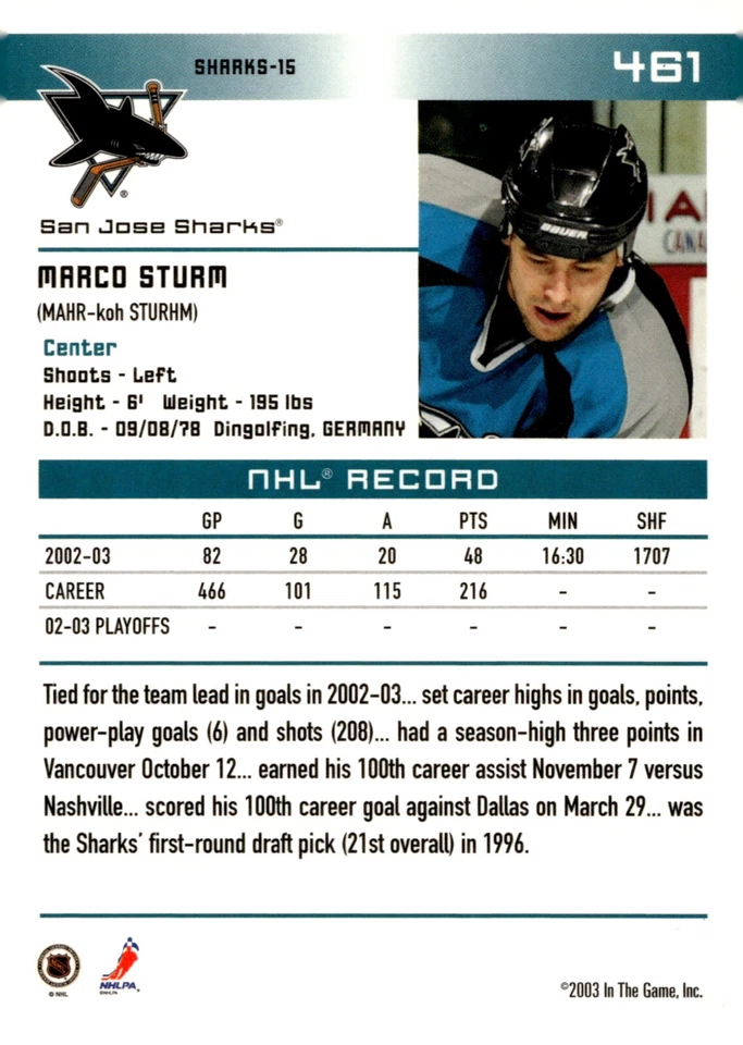 Marco Sturm - Signed 2003-04 In The Game Action Card #461 - Image 2 of 2