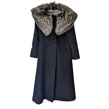 Burberry Black Silver Fox Fur Collar Cashmere Wool Button Down Long Coat Size 6