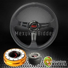 BLACK DEEP DISH STEERING WHEEL + GOLD QUICK RELEASE FOR HONDA CRX 1988-1991
