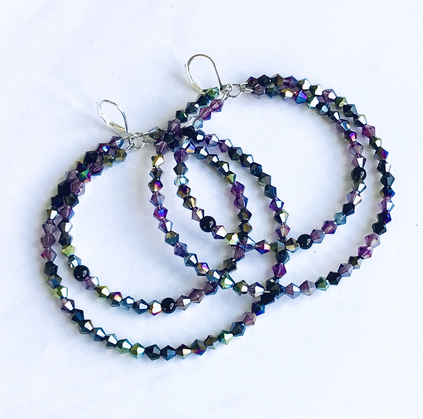 Pierced Beaded Double Hoops Black Grey Purple Iridescent Crystal Earrings 2.2”