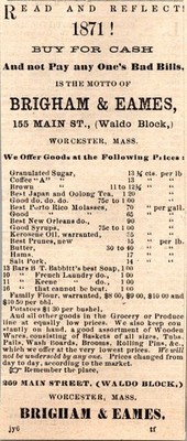Brigham & Eames Buy For Cash 1871 Worcester MA Clipping TAJ8-H12