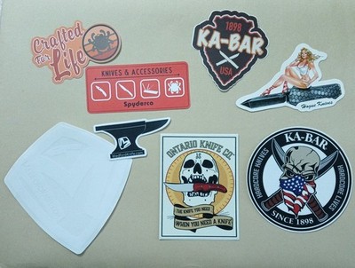 Set of 8pc Knife Stickers  Medford  SpyderCo  Ontario RAT  Ka-Bar  Hogue Knives