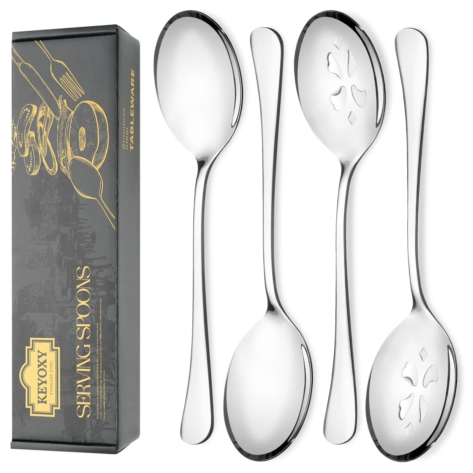 4 Piece Stainless Steel Serving Spoon Set - 2 Large, 2 Slotted,Dishwasher Saf...
