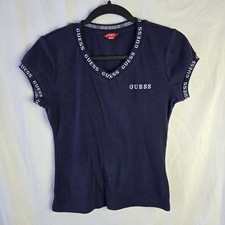 Guess Baby T Shirt Ringer Y2K Womens Large Blue Streetwear Logo Ribbed Retro