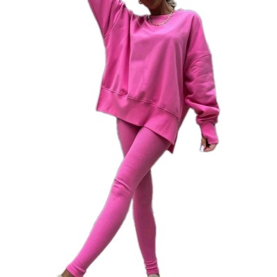 Women's 2 Piece Pink Fall Lounge Matching Oversize Crewneck Tapered Ankle Set L