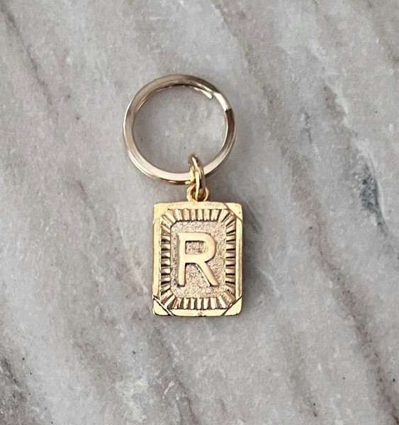 Alternate view of Gold Initial Tag Key Ring Gold Initial Charm Key Chain Charm Keeper Keyring