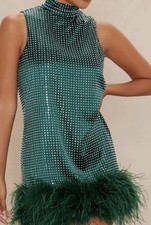 Fashion Nova Juno Rhinestone Feather Mini Dress Hunter Green Size M