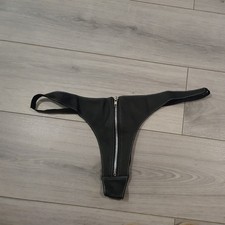 BNWOT Vintage Insinuate Genuine Real Leather Black High Cut Zip Up Thong Sz Lge 