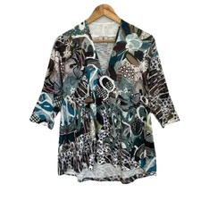 INOAH Women's Size Small Art to Wear Fun Print V-neck Knit Tunic Top Stretch