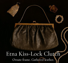 Vtg Etna Kiss-Lock Clutch Ornate Gold Frame, Gathered Leather, Chain Handle