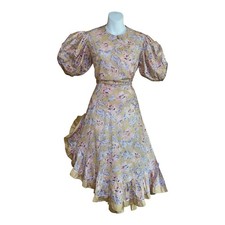 Vtg 80s Floral Cottagecore Prairiecore Puff Sleeve Top Ruffle Skirt 2-pcs Outfit