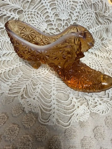 Vintage Fenton Amber Glass Daisy and Button Cat's Head Shoe Slipper 6" x 3" 70's
