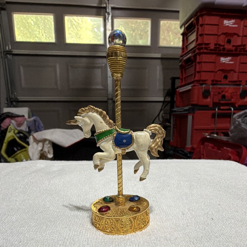 Spoontiques 1988 Metal Carousel Horse Figurine Gold Tone Stand w/ Colored Gems