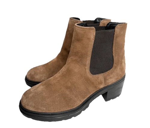 GEOX Leather Boots Size 9.5 Brown Ankle Chelsea Pull On Block Heel Booties NEW