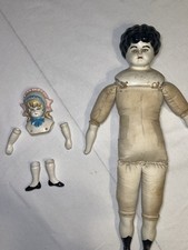Antique German China Head Doll Cloth Body Bonnet Head Porcelain Parts