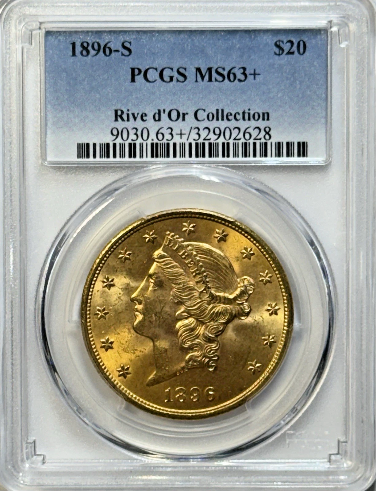 1896-S $20 Gold Liberty – PCGS MS63+🔥 Rive d’Or Collection – Premium S-Mint