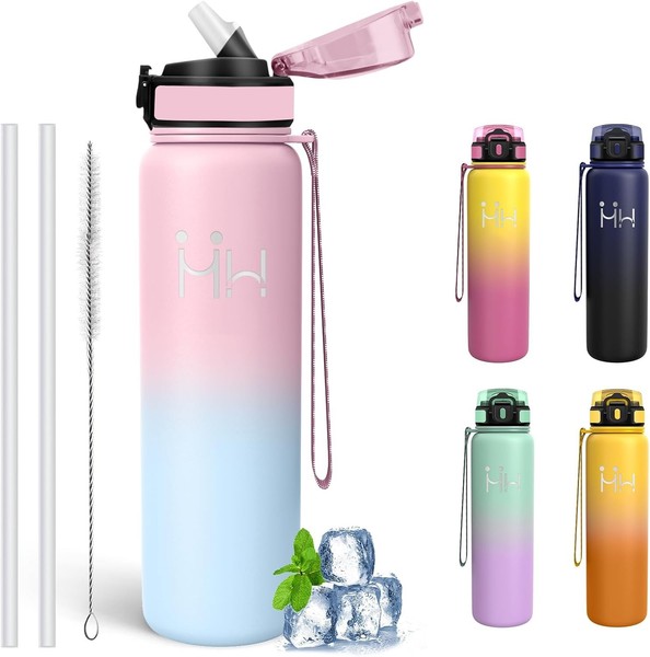 Trinkflasche Edelstahl, Trinkflasche 1L, Bpa-Frei, Wasserflasche Mit Strohhalm,-image