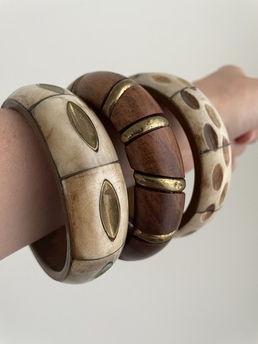 Wood Brass Ivory Inlay Chunky Bangle Bracelets Made In India Boho Jewelry LOT 3