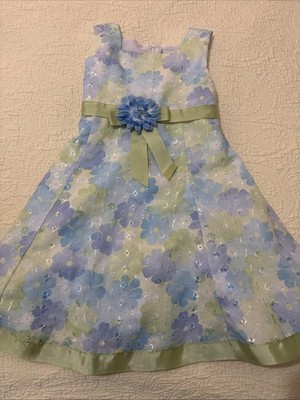 YOUNGLAND Girls Pretty Easter/Spring Dress Blue Green Flower Bow Sz 4