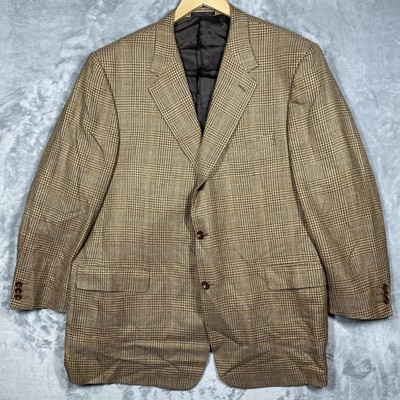 Trussini Etichetta Platino E.Thomas Silk Linen Wool Plaid Blazer Tan Brown 52 IT