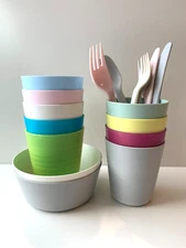 IKEA KALAS Kids Dinnerware Lot – Bowls, Cups & Utensils – Mixed Colors – BPA-Fre