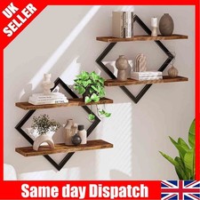 2 Tiered Floating Wall Mounted Display Shelf Wooden Shelves Black Frame Shelving