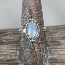 Sterling Silver Natural Rainbow Moonstone Ring Faceted Marquise Boho Statement