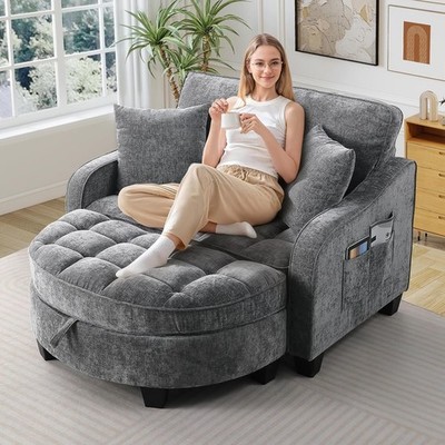 Oversized Chair and A Half Chenille Tufted Chaise Lounge with Storage Ottoman