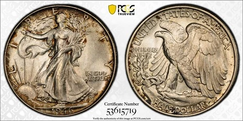 1946 Walking Liberty Half Dollar 50C PCGS MS65 GOLDEN TONED CERT#53615719