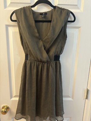 H&M Size 4 Women's Sleeveless Mini Chiffon Dress V Neck Olive Green | eBay