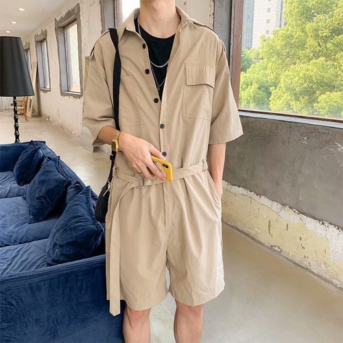 Men Romper Short Sleeve Coverall Tracksuit Jumpsuit with Belt One Piece Set - Picture 11 of 13