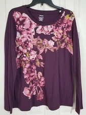 Women Size L Large Purple Floral Scoop Neck Cotton Blend Long Sleeve Tee