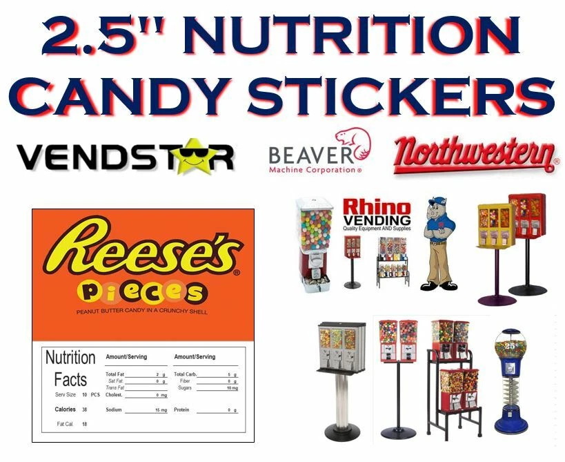 2.5 x 2.5 Bulk Vending Label Candy Machine Sticker Gumball REESES PIECES