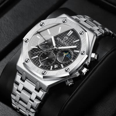 BINBOND Herren Edelstahl Uhren Business Wasserdicht Datum Quarz Armbanduhr