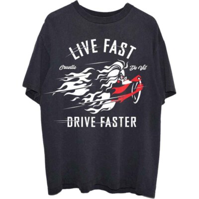 Disney 101 Dalmatians Cruella Live Faster T-Shirt Black New