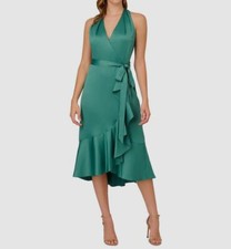Adrianna Papell Women's Green Ruffled Halter Sleeveless Self-Tie Dress Size 14