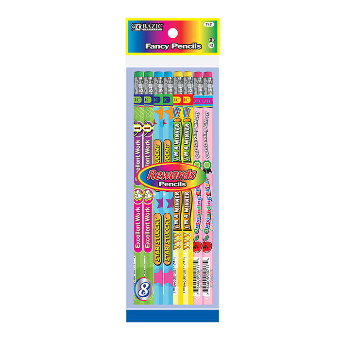 Reward & Incentive Wood Pencils w/ Eraser 8/Pack #2 HB Writing Drawing Sketching
