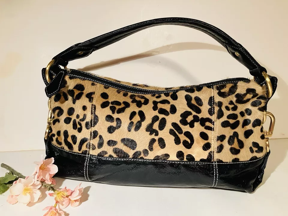 Leopard Print Calf Hair and  Faux Leather Satchel Handbag Brass Accent Pre-owned - Image 2 of 4