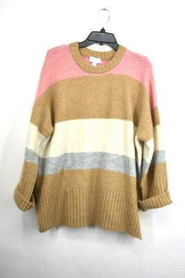 Topshop Women Camel Long Sleeve Ribbed Cuff Supersoft Stripe Crewneck  Sweater 12