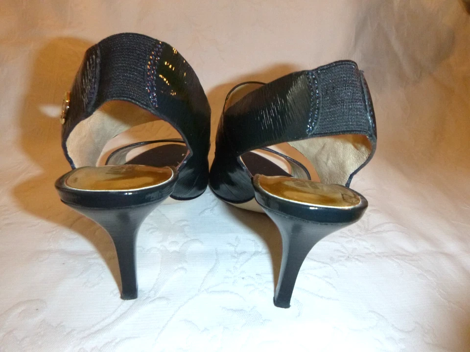 MK Michael Kors Negro Patrón Charol Cuero LOGO MK Sandalia Tacones Talla 7.5M Foto 3 de 4