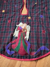 42" Christmas Tree Skirt Vtg Decor Angel on Burgundy Plaid Prima Creations Inc