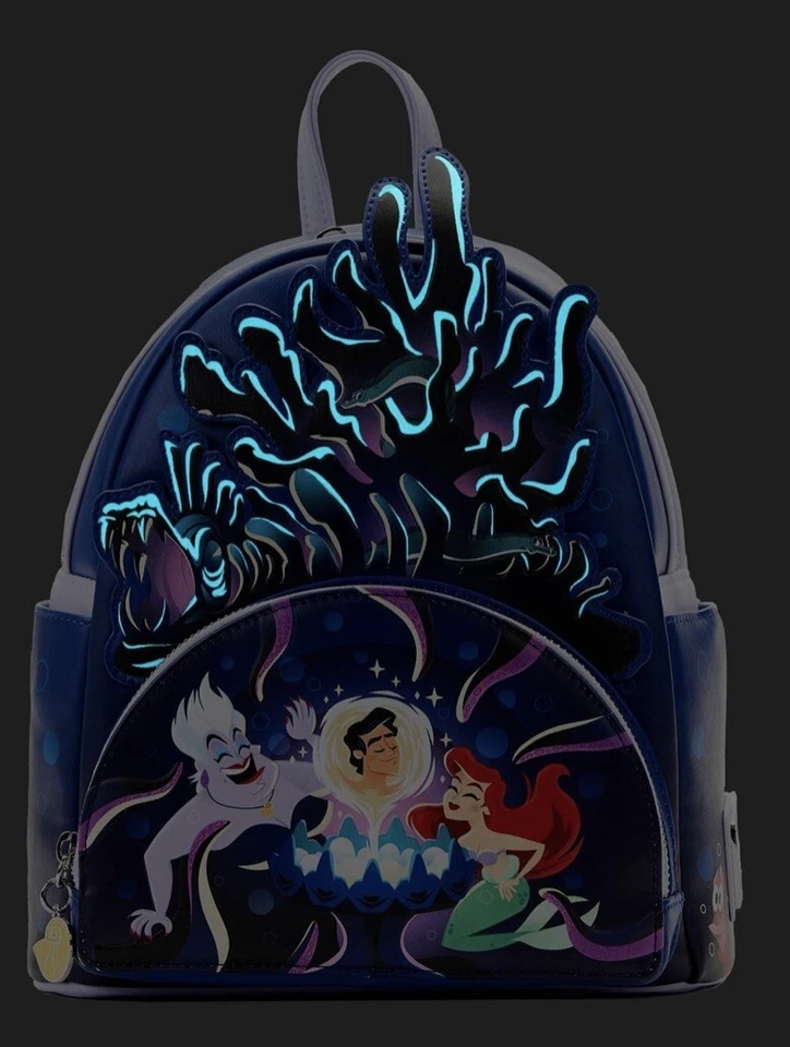 LOUNGEFLY маленькая русалочка URSULA логово зарево в темноте мини рюкзак новый с Ярлыками - Изображение 2 из 4