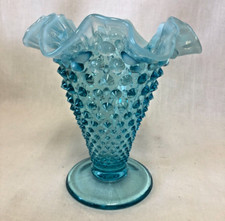 Vintage Fenton Aqua Blue Opalescent Hobnail Trumpet 7.5" Ruffled Vase EXC