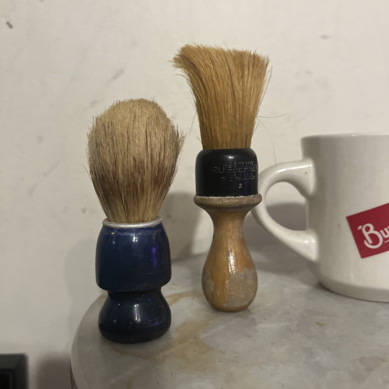 Lot of 5-4 Vtg Shaving Brushes-1 BURMA SHAVE MUG, Rubberset #2, Blue Dubl Duck