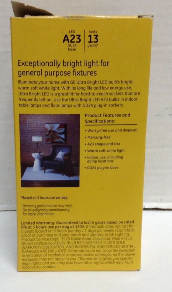 GE Ultra Bright LED 150 Watt BULB A23 Soft White Gu24 Plug in Pin Base Dimmable - Image 3 of 4