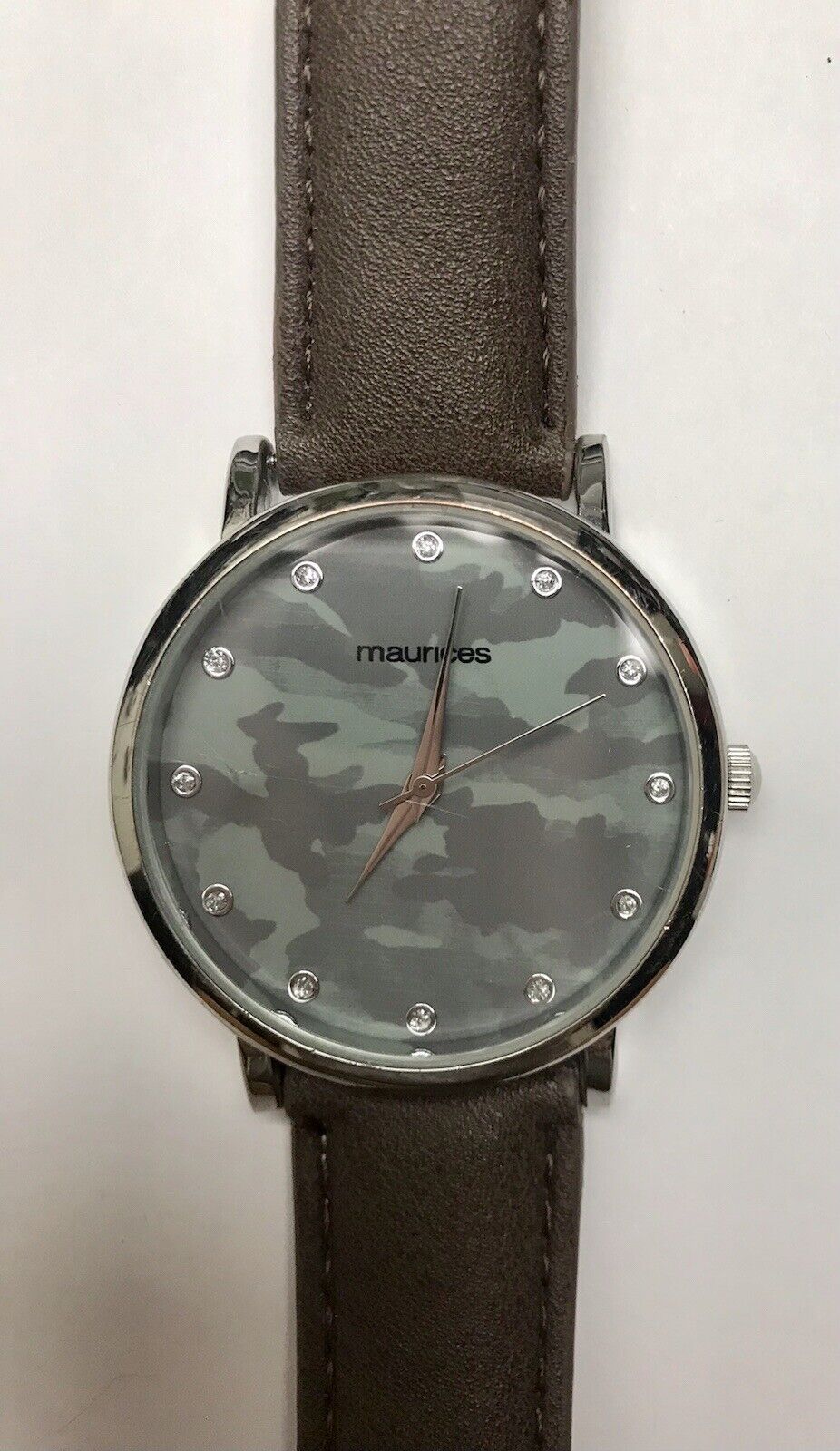 MAURICES Watch Large Camouflage Dial Brown Band New Battery Fits 6”-8” Wrists