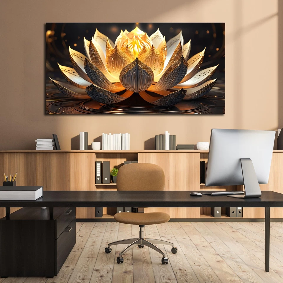 Arte de pared flor de loto Ror sala de estar gran tamaño dorado y marrón pintura pared... Foto 3 de 4