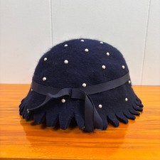 Vintage 100 Wool Kids Hat Navy Blue Felt Pearl Embellished Ribbon Trimmed